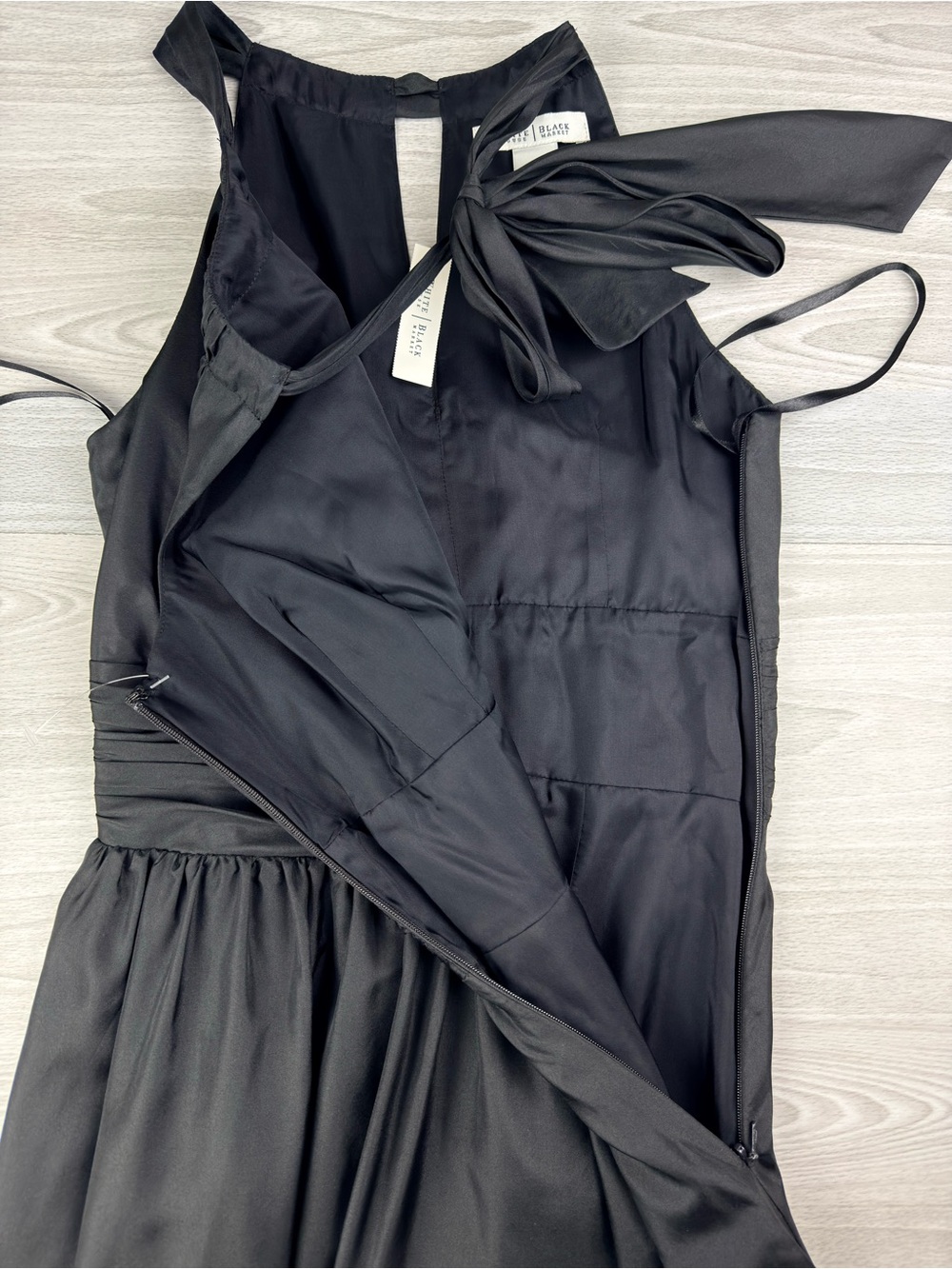 WHBM 100% Silk Tie Shoulder Bow A-Line Dress Sz 0 Old money Cocktail Black - Picture 10 of 11